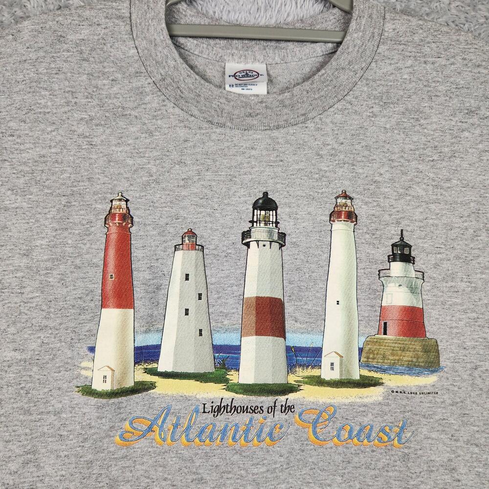 Vintage Lighthouses Atlantic Coast Shirt Mens XL Gray Graphic Nautical Beach Y2k